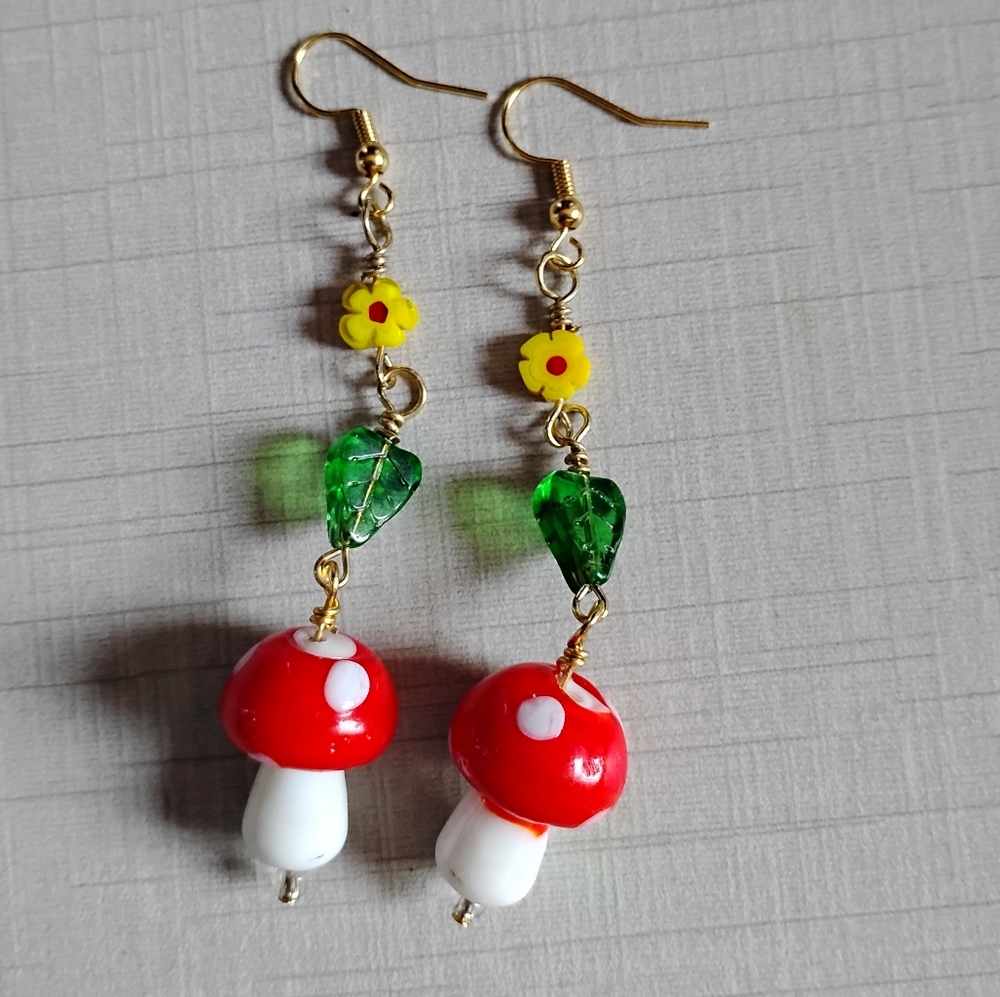 Red Mushroom Earrings Glass Beads Nickle Free Leaf Flower Accents Handmade